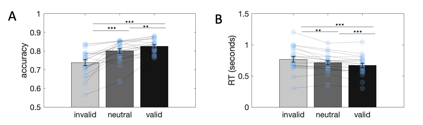 Attention manipulation check. $\textbf{A:}$ Accuracy across invalid, neutral and valid trials. Statistical tests were performed on odds ratio transformed measures. $\textbf{B:}$ Response times across invalid, neutral and valid trials. Statistical tests were performed on log transformed measures. Stars denote statistical significance: ** = p<0.01, *** = p<0.001.